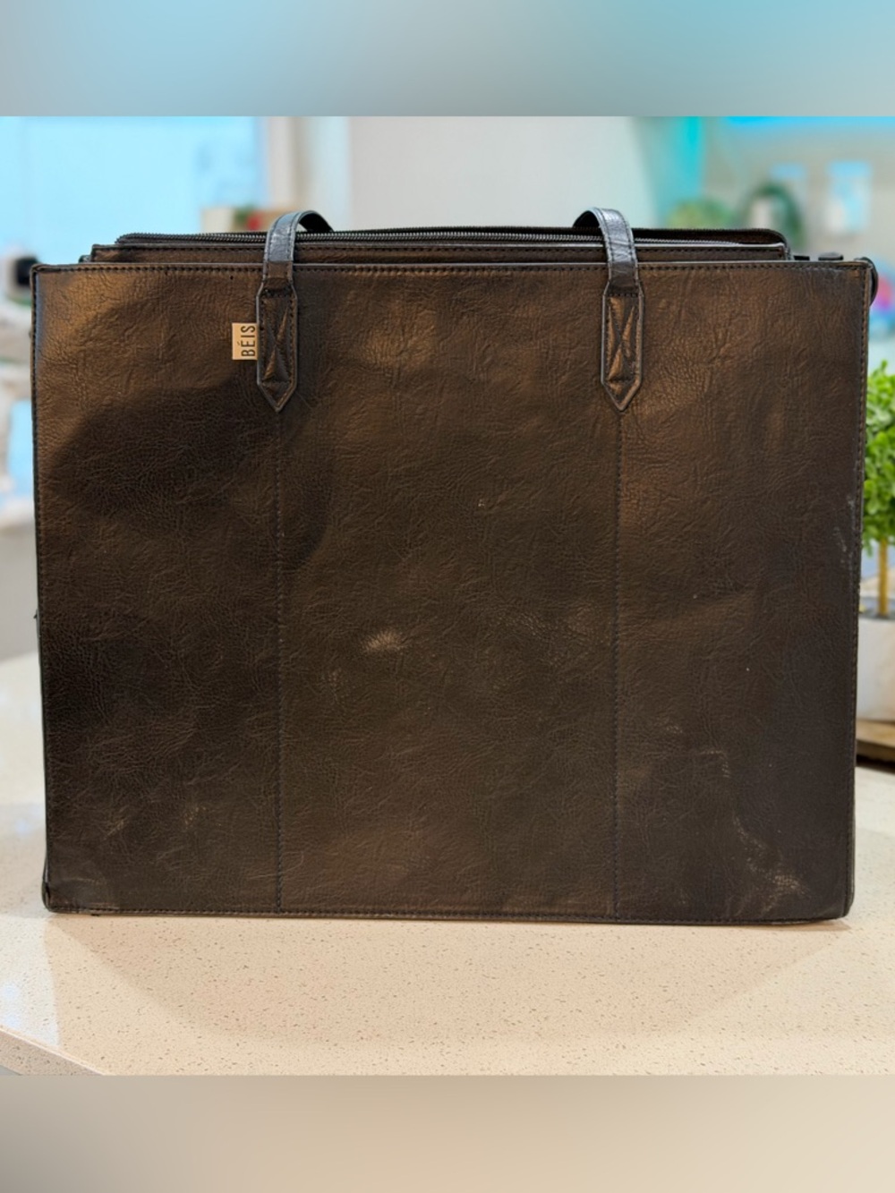 BÉIS Large Work Tote Black Vegan Leather Laptop Bag Travel w/ Organizer Insert - Picture 4 of 9